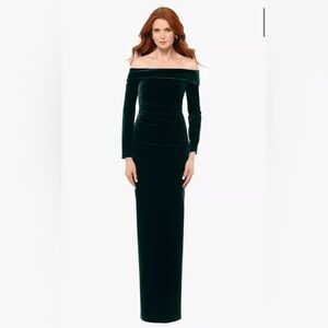 Green velvet evening gown